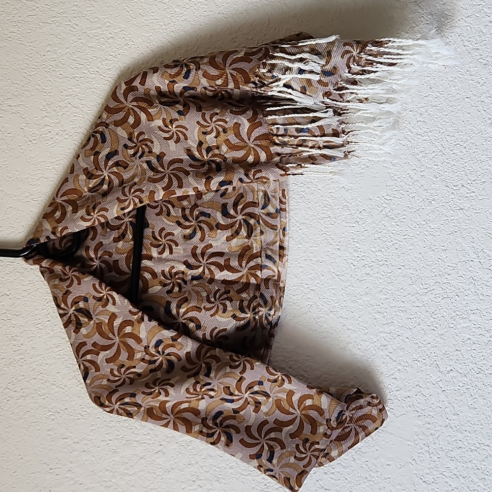 SCARF HEADWRAP Swirly Print Candy Flower Brown Tan Beige Blue Fringe No Tag GUC